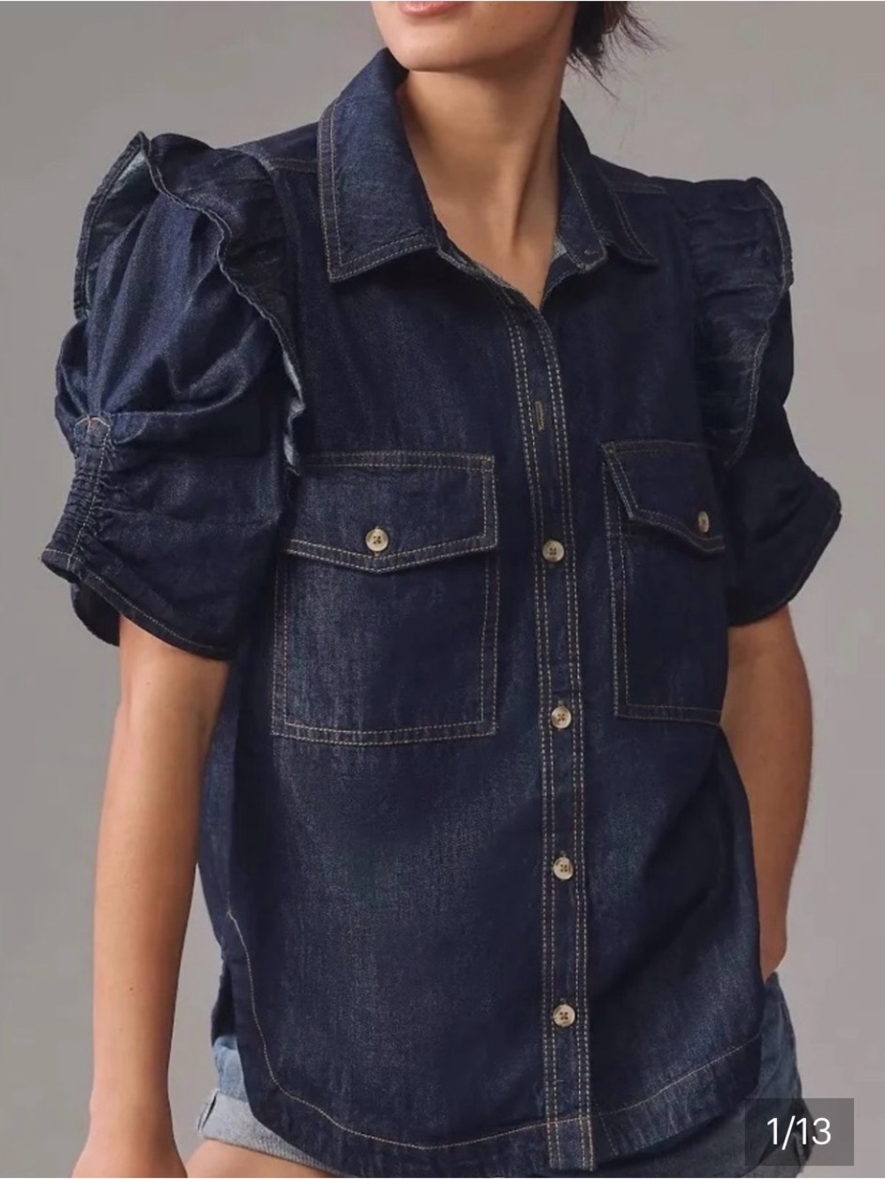 Pilcro The Ozzi Ruffle-Sleeve Denim Buttondown Shirt Navy Size Small